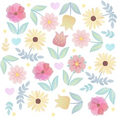 Multicolored flowers, leaves and hearts embroidered on a white background. Vector imitation of embroidery. Beautiful endless print for romantic style fabric.