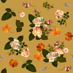 Beautiful natural pattern. Bouquets of roses and cosmos flowers isolated on a golden background. Print for fabric, wallpaper. Vector illustration.