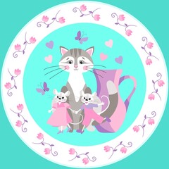 Funny flat plate pattern for kids. Cute cartoon cat, a jug of milk and two funny mice on a blue background. Floral border on a white background. Easy editable vector illustration.