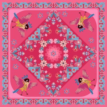 Beautiful composition of flowers, paisley and birds on a crimson and pink background. Wonderful ethnic style print for shawl, carpet, tablecloth, napkin, pillowcase. Vector design.