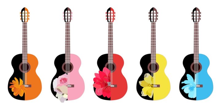 Collection of unusual images of acoustic guitars with large flowers isolated on white background. Musical instruments. Beautiful print. Set of logos.