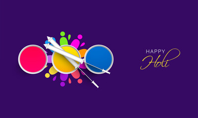 Indian festival of colours, Happy Holi concept with liquid colours in buckets, colourguns(pichkari) against blue background.