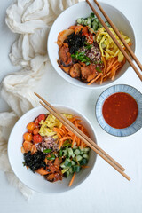 Delicious homemade Korean meal. Bibimbap aka Korean Mixed Rice Bowl. Healthy and hearty, mixing variety of ingredients to create your favorite taste.