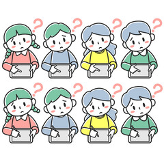 困り顔でタブレットを使って学習をする子どもたち