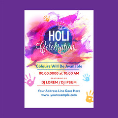 Holi Celebration Invitation Card With Event Details, Handprints And Abstract Brush Effect On White Background.