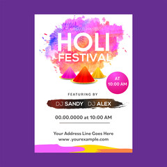 Holi Festival Flyer Or Invitation Card With Powder (Gulal) In Plates And Colorful Watercolor Effect.
