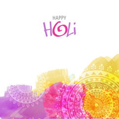 Happy Holi Celebration Concept With Watercolor Effect Mandala Pattern On White Background.