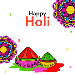 Indian festival of colours, Happy Holi concept with drycolours(gulal) on beautiful pots and colourful mandala patterns against white background.
