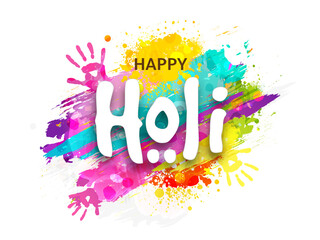 Indianfestival of colours, Happy Holi concept with colourful grunge, hand prints against white background for your text space.