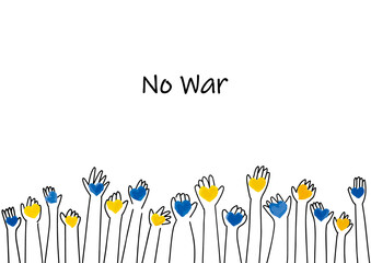 NO WAR and hands with hearts line simple line illustration blue and yellow