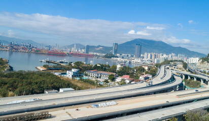 Fototapeta premium Shenzhen ,China - Circa 2022: Aerial view of container ship in Yantian port in shenzhen city, China
