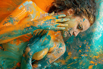 fantastic art bodypainting portrait of a sexy young brunette woman, decorative, abstract, artful, dots of white, blue and orange color, make up