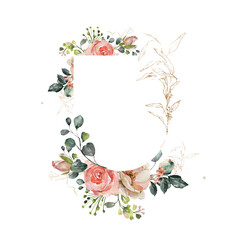 Watercolor wedding frames with roses and geometrical forms 