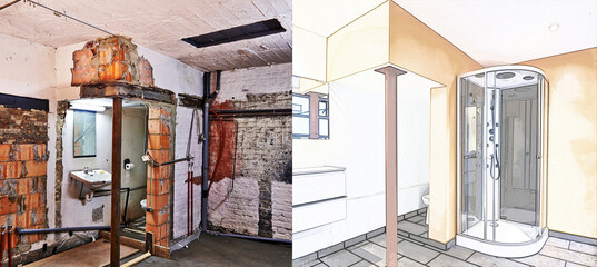Renovation of a bathroom Before and illustration Sketch