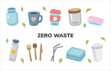 Obraz premium Set of eco friendly tableware items - glass jar, reusable coffee cup, wooden cutlery, lunch box. Zero waste concept. Vector illustration in cartoon style
