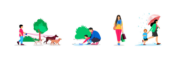 Fototapeta premium People spending time outdoor at summer different weather set. Man woman daily routine flat vector