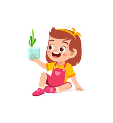 little girl observe plant growing in garden