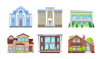 Obraz premium Retro and modern countryside houses set. Facade of suburb private building with triangle roofs