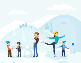 Vacation family winter activity. Group people with kids skate and sculpt a snowman on outdoors. Kids having fun enjoy rest. Happy people lead an winter active lifestyle vector