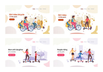 People riding on bicycles and kick scooter landing page set. Active man and woman community ride