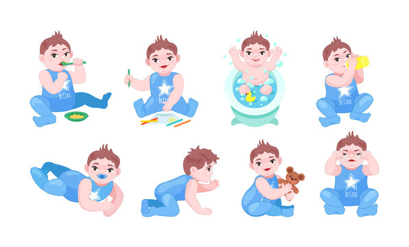 Cute baby boy set. Happy toddler daily activity eating porridge, drawing picture, taking bathroom