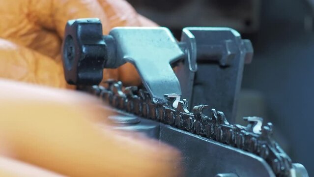 Sharpening chainsaw with abrasive disc from left side. Closeup shot