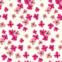 Seamless pattern with liberty pink flowers on a white field. Cute floral print, spring botanical background with small hand drawn flowers. Artistic floral surface with a simple design. Vector.
