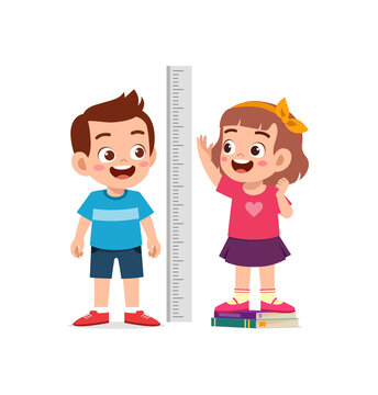 boy and girl measure height for grow progress