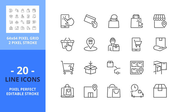 Line icons about click and collect. Shopping online concepts. Pixel perfect 64x64 and editable stroke