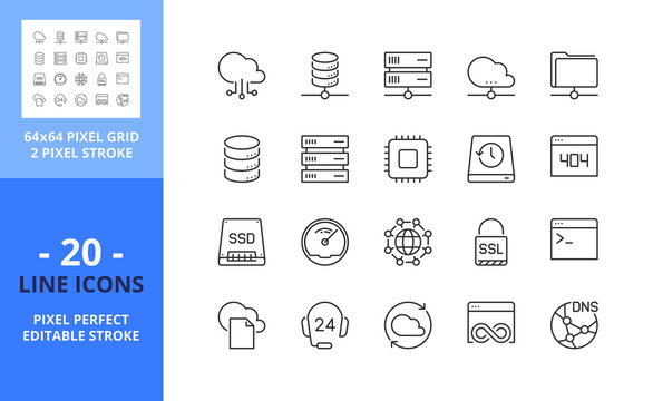 Line icons about hosting and cloud computing networks concepts. Pixel perfect 64x64 and editable stroke