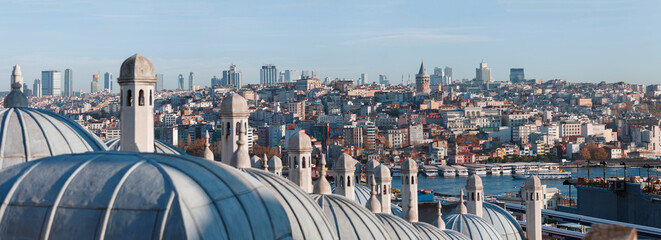 Istanbul. Panorama of the European part of the city and the Bosphorus. View of the ancient Galata Kulesi tower through the Suleymaniye Salis Madrasa towers.