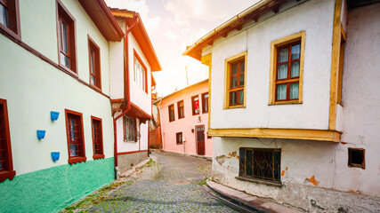 Eskisehir, Turkey - December 2021: Colorful Odunpazari District houses view in Eskisehir City. Eskisehir is populer tourist deatination in Turkey.
