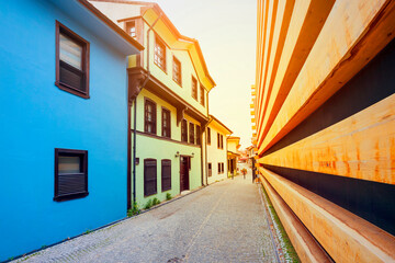 Eskisehir, Turkey - Colorful Odunpazari District houses view in Eskisehir City. Details of OMM Modern Museum, designed by Kengo Kuma Architects. Eskisehir is populer tourist deatination in Turkey.