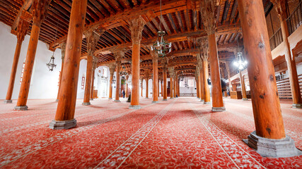 Afyon, Turkey - December 2021: Interior of the Afyonkarahisar Ulu Cami Grand Mosque. Antique Wooden Mosques in Afyon city, Turkey - 490284295