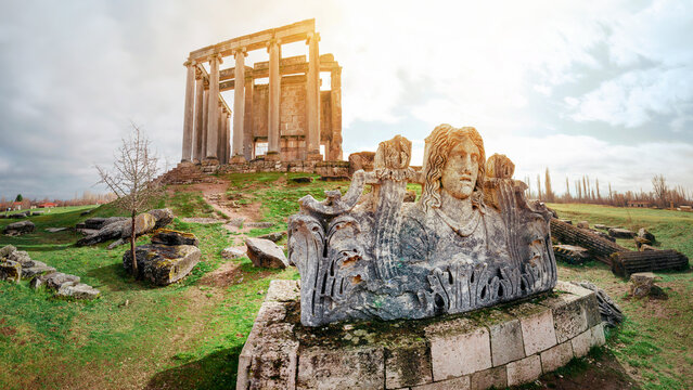 Aizonai antic city ruins with Zeus temple. Aizanoi ancient city in Cavdarhisar, Kutahya, Turkey.