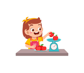 little girl measure weight of fruit using weighing scale