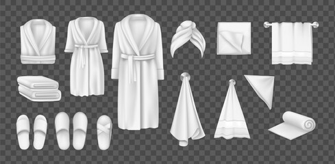 Bathhouse bathroom clothes and accessories set. Realistic white cotton male and female bathrobe