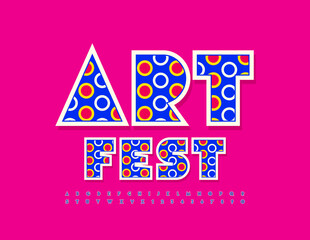 Vector creative banner Art Fest. Bright dotted Font. Alphabet Letters and Numbers set with pattern