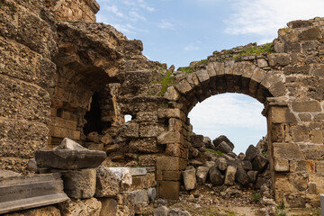 Roman amphitheater of Aspendos ancient city near Antalya, Turkey. An antique ruined city