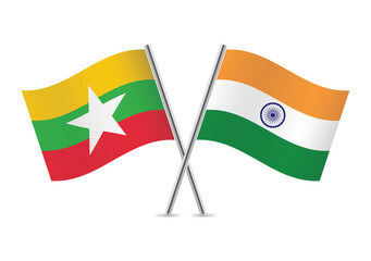 Myanmar (Burma) and India crossed flags. Burmese and Indian flags, isolated on white background. Vector icon set. Vector illustration.