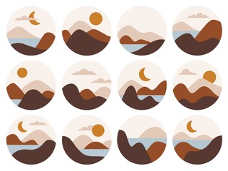 Modern nature shapes with sun moon mountains view