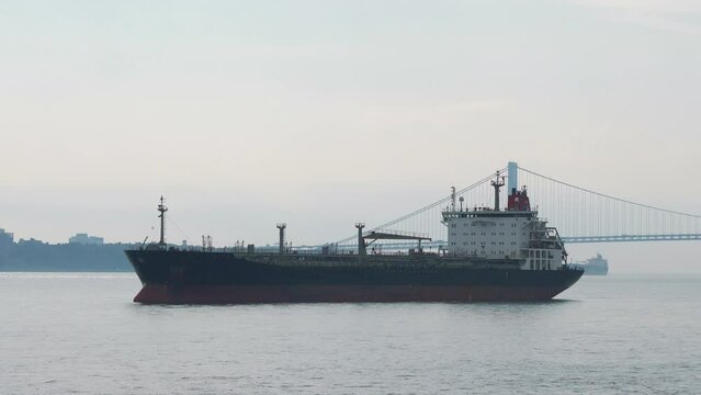 Tanker ship sailing near New York City in 4K slow motion 60fps