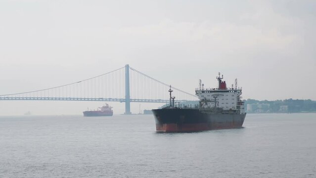 Tanker ship sailing near New York City in 4K slow motion 60fps