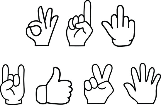 A set of 7 hand gestures. Simple Outline Icons. Thumbs up victory palm middle finger one rock and ok sign.