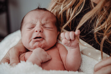 newborn with angry expression showing unpleasant grimaces - obrazy, fototapety, plakaty