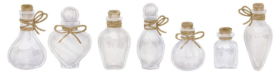 Set of watercolor illustrations with vintage empty bottles decorated with rope. Isolated on white background.