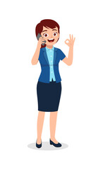 worker woman talking using smartphone and show ok gesture