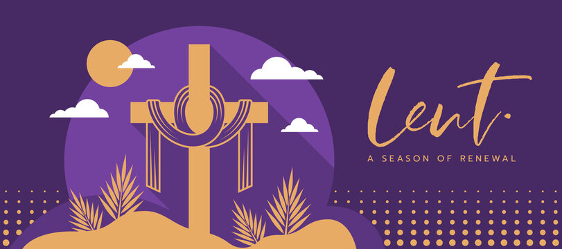 lent, a season of renewal text and gold Cross crucifix has a bandage in circle with palm leaves and sun on purple background vector design