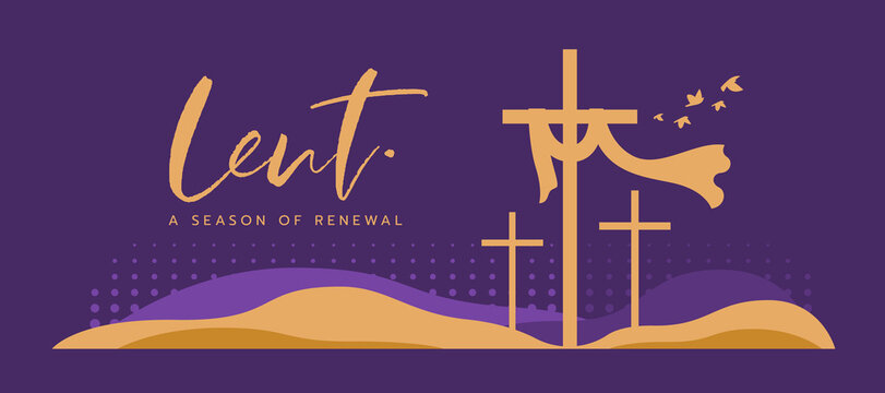 lent, a season of renewal text and gold three Cross crucifix on hill with bubble texture and bird flying on purple background vector design