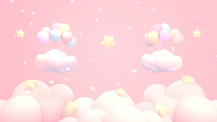 3d rendered pastel sky with balloons, stars, and clouds.